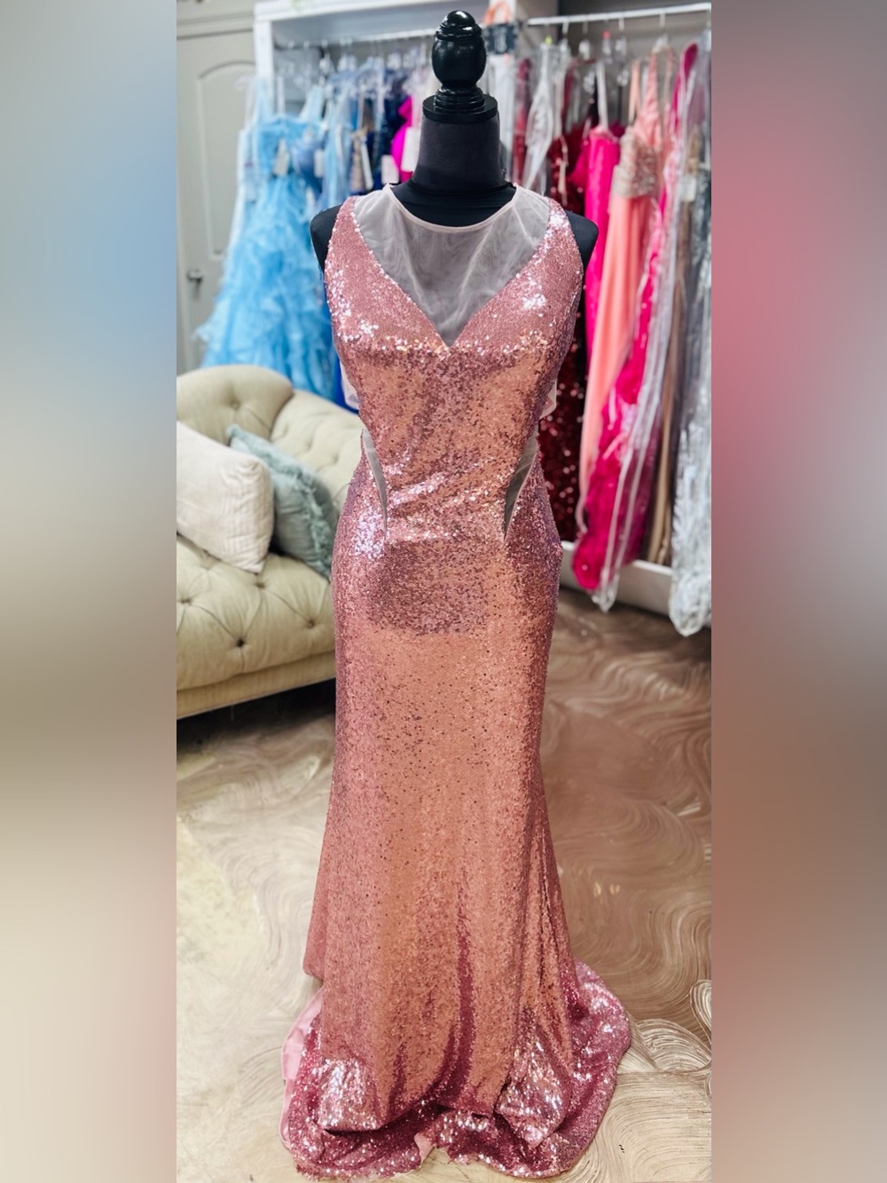 Rose Gold Sequin Prom Gown with Illusion Neckline